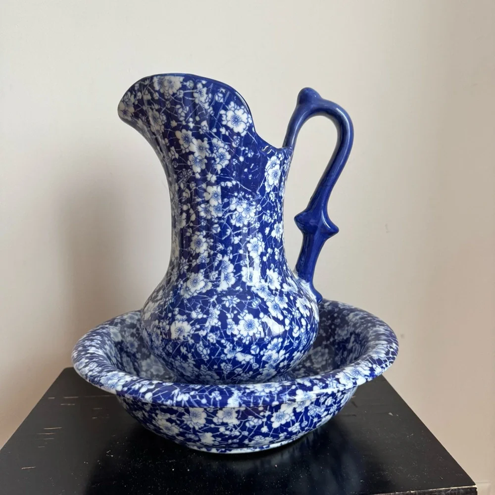 Antique Victoria Ware Ironstone Pitcher and Basin Blue Cobalt Floral Decor Bath - Picture 10 of 10